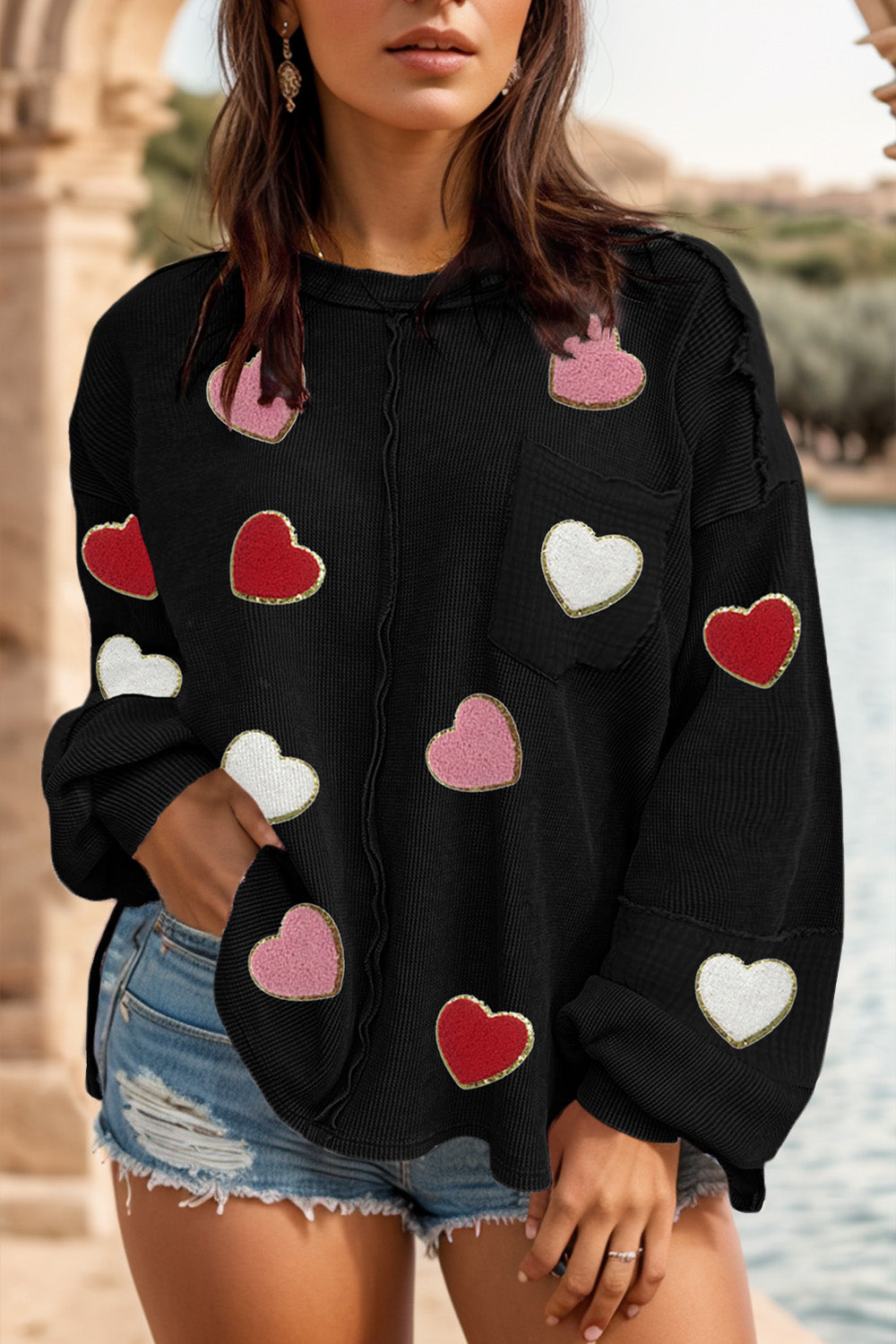 Plus Size Exposed Seam Heart Dropped Shoulder Sweatshirt-Jewearrings