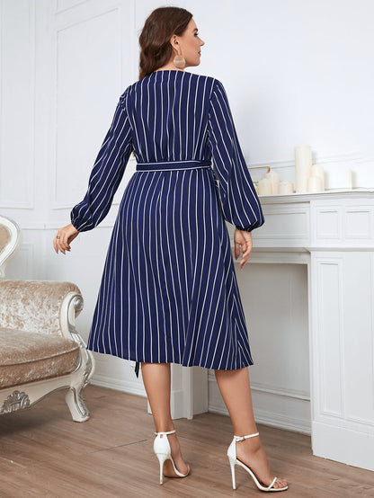 Melo Apparel Plus Size Striped Surplice Neck Long Sleeve Dress-Jewearrings