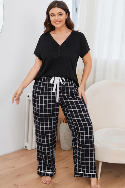 Plus Size V-Neck Top and Plaid Pants Lounge Set-Jewearrings