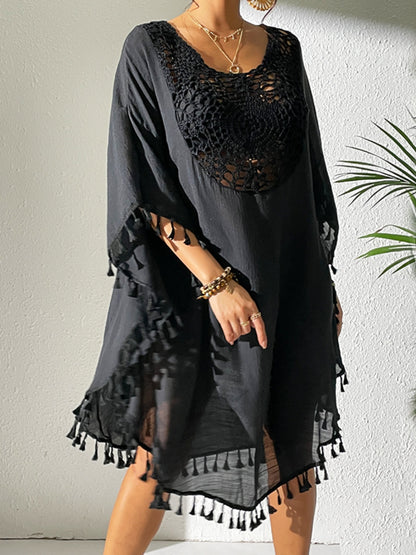 Tassel Cutout Scoop Neck Cover-Up Dress-Jewearrings