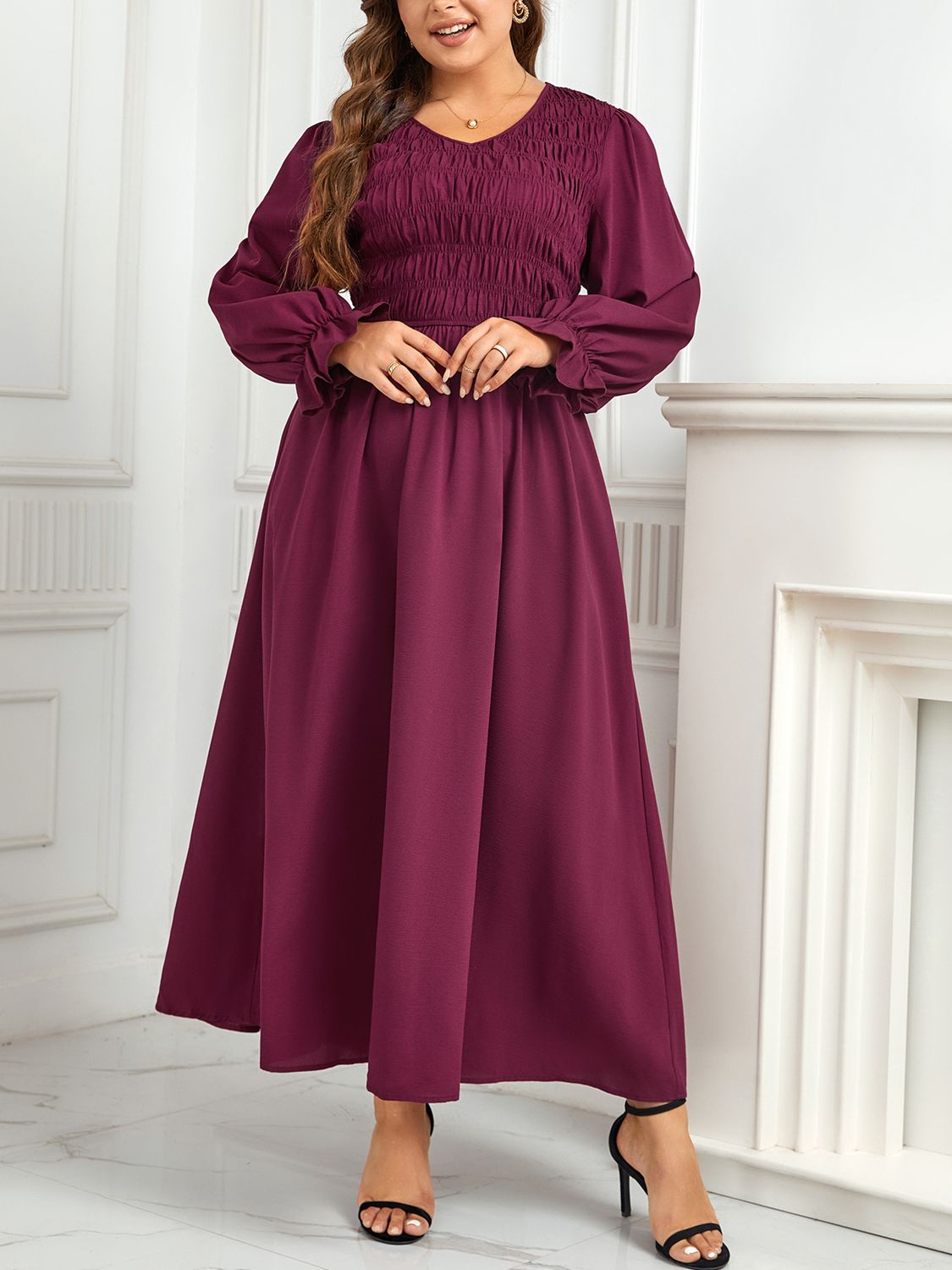 Plus Size Flounce Sleeve Smocked Maxi Dress-Jewearrings