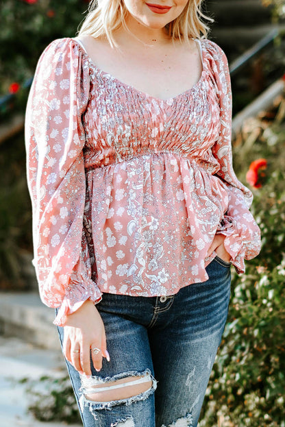 Plus Size Floral Smocked Flounce Sleeve Blouse-Jewearrings