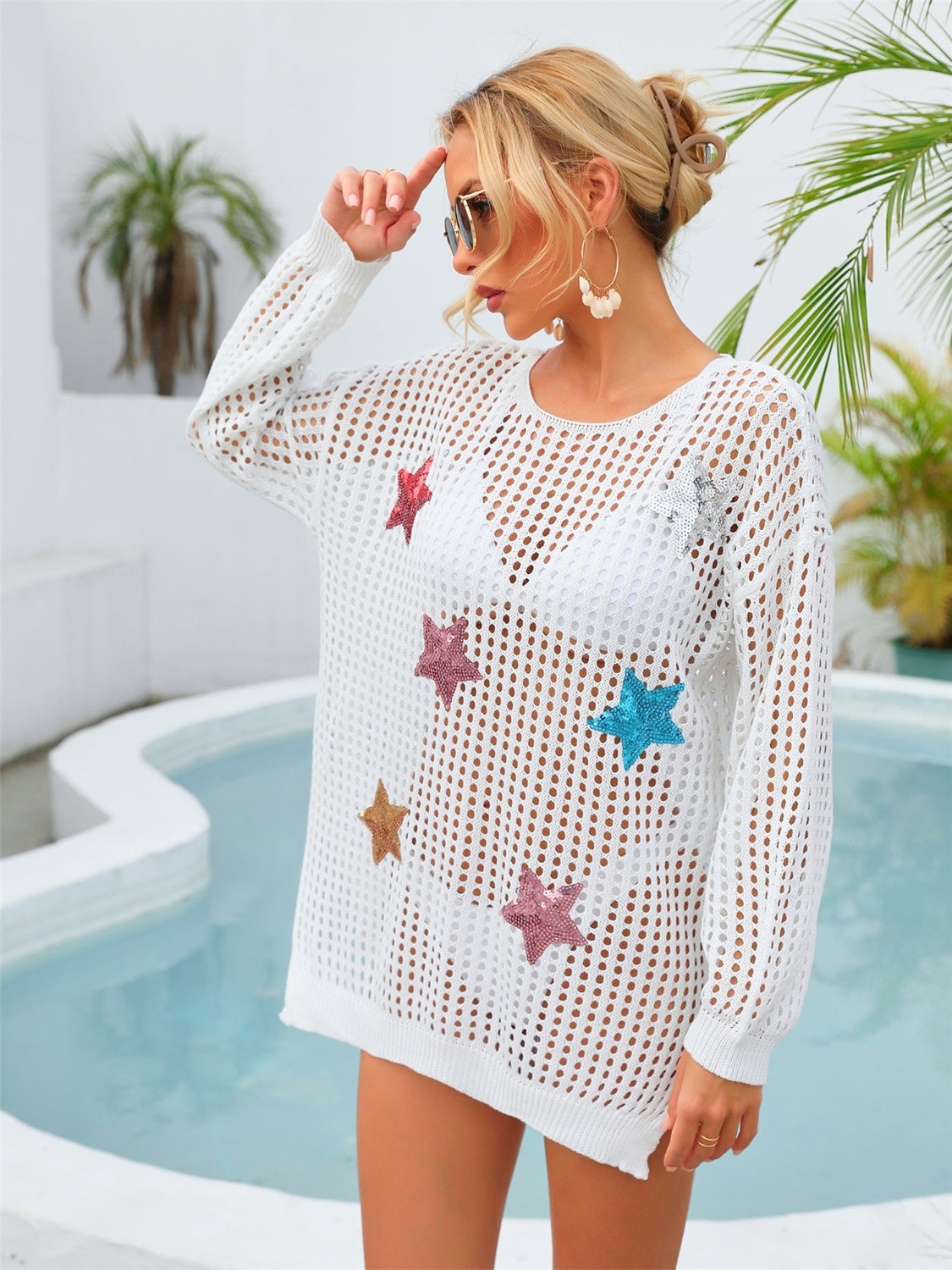 Sequin Star Round Neck Long Sleeve Cover Up-Jewearrings