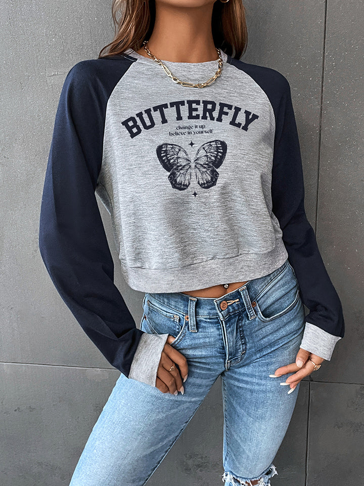 Round Neck Raglan Sleeve Butterfly Graphic Sweatshirt-Jewearrings