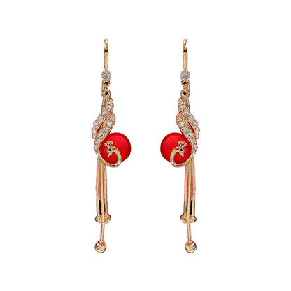 Phoenix Tassel Earrings Long Red Pearl-Jewearrings