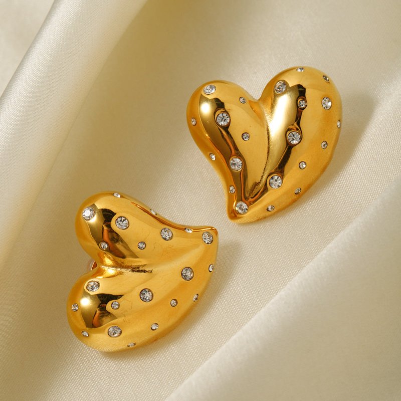 Fashion 18K Gold Stainless Steel Inlaid White Diamond Love Heart Earrings-Jewearrings