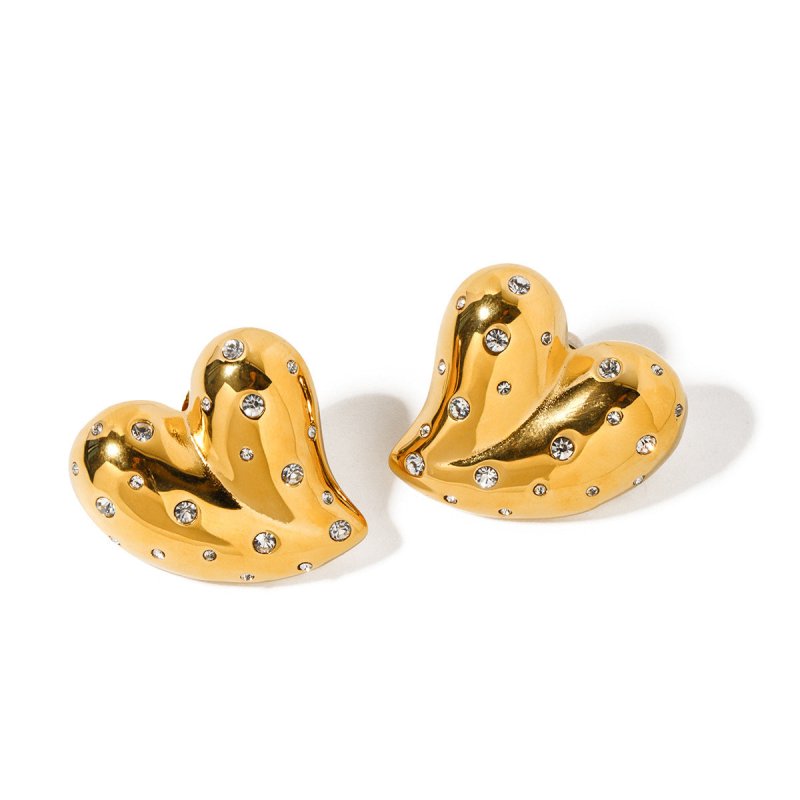 Fashion 18K Gold Stainless Steel Inlaid White Diamond Love Heart Earrings-Jewearrings