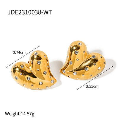 Fashion 18K Gold Stainless Steel Inlaid White Diamond Love Heart Earrings-Jewearrings