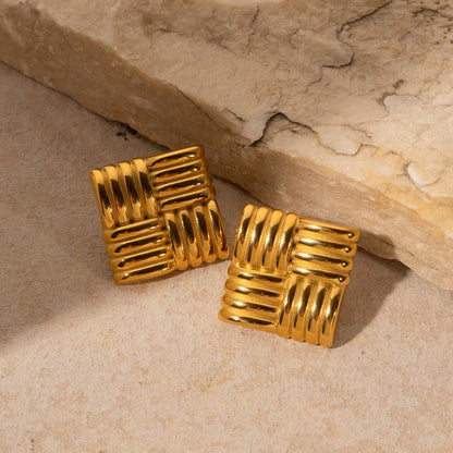 Fashion 18K Gold Stainless Steel Square Texture Stud Earrings-Jewearrings