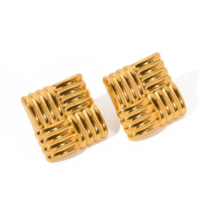 Fashion 18K Gold Stainless Steel Square Texture Stud Earrings-Jewearrings