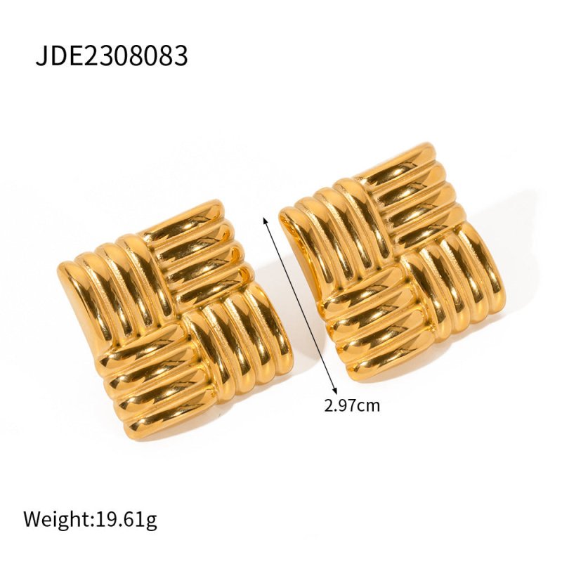 Fashion 18K Gold Stainless Steel Square Texture Stud Earrings-Jewearrings