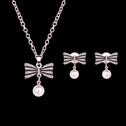 Fashion All-match Luxury Bow Full Diamond Necklace Earrings Jewelry Set-Jewearrings