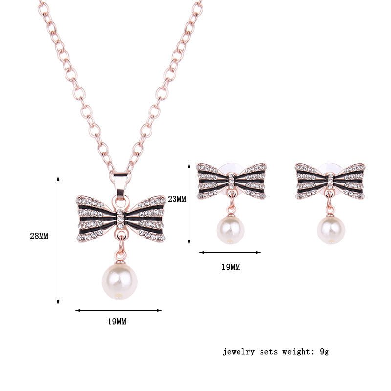 Fashion All-match Luxury Bow Full Diamond Necklace Earrings Jewelry Set-Jewearrings