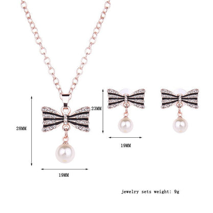 Fashion All-match Luxury Bow Full Diamond Necklace Earrings Jewelry Set-Jewearrings