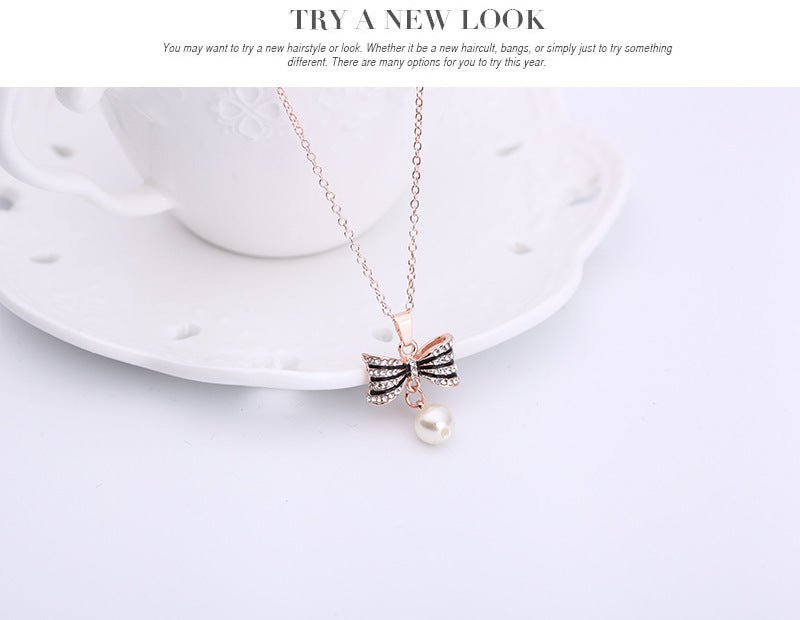 Fashion All-match Luxury Bow Full Diamond Necklace Earrings Jewelry Set-Jewearrings