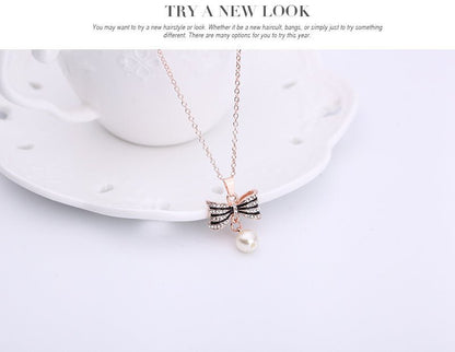 Fashion All-match Luxury Bow Full Diamond Necklace Earrings Jewelry Set-Jewearrings