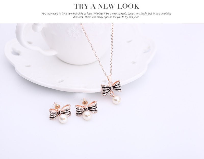 Fashion All-match Luxury Bow Full Diamond Necklace Earrings Jewelry Set-Jewearrings