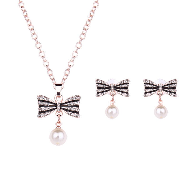 Fashion All-match Luxury Bow Full Diamond Necklace Earrings Jewelry Set-Jewearrings