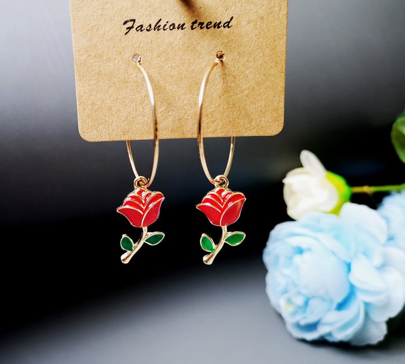 Fashion Big Circle Green Leaf Red Rose Earrings-Jewearrings