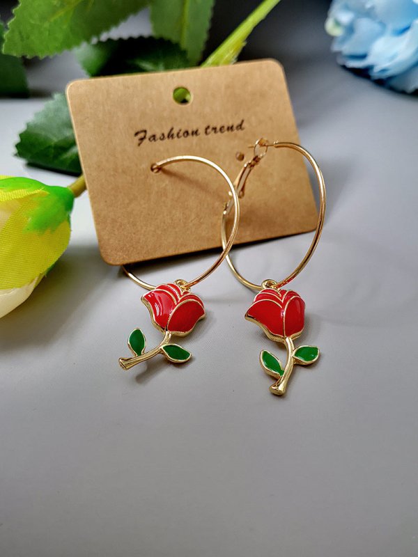 Fashion Big Circle Green Leaf Red Rose Earrings-Jewearrings