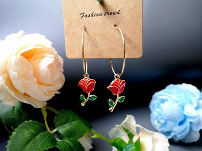 Fashion Big Circle Green Leaf Red Rose Earrings-Jewearrings