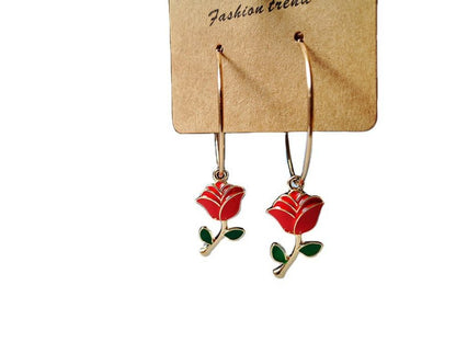 Fashion Big Circle Green Leaf Red Rose Earrings-Jewearrings