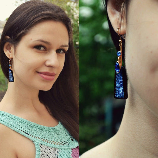 Fashion Blue Resin Earrings, Women's Long Diamond-studded Earrings-Jewearrings