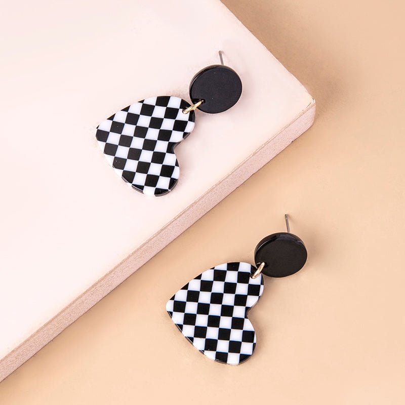 Fashion Chequered Print Love Heart Acrylic Pendant Drop Earrings For Women-Jewearrings