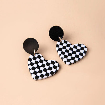 Fashion Chequered Print Love Heart Acrylic Pendant Drop Earrings For Women-Jewearrings