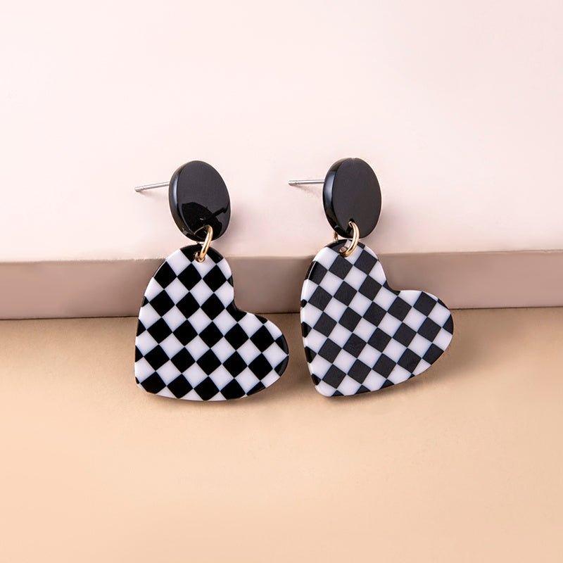 Fashion Chequered Print Love Heart Acrylic Pendant Drop Earrings For Women-Jewearrings