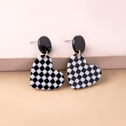 Fashion Chequered Print Love Heart Acrylic Pendant Drop Earrings For Women-Jewearrings