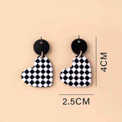 Fashion Chequered Print Love Heart Acrylic Pendant Drop Earrings For Women-Jewearrings