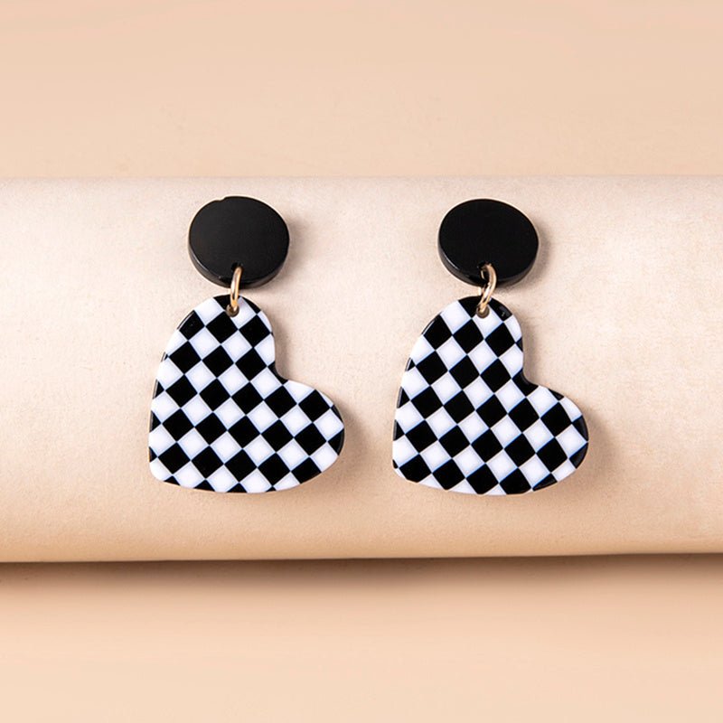 Fashion Chequered Print Love Heart Acrylic Pendant Drop Earrings For Women-Jewearrings