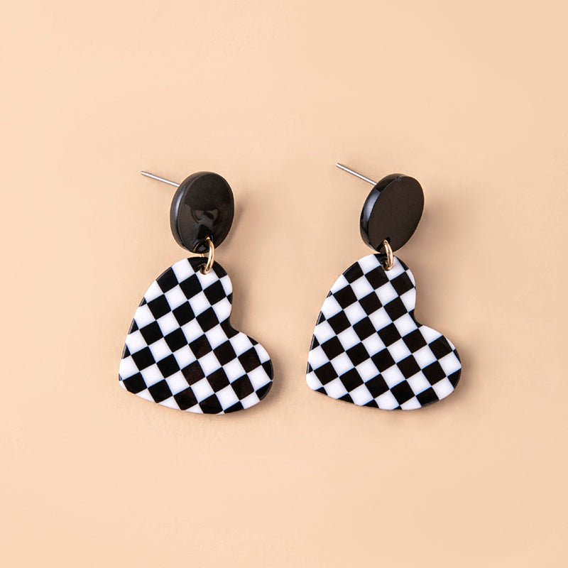 Fashion Chequered Print Love Heart Acrylic Pendant Drop Earrings For Women-Jewearrings