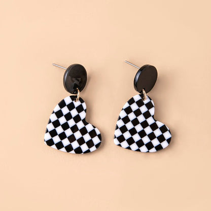 Fashion Chequered Print Love Heart Acrylic Pendant Drop Earrings For Women-Jewearrings