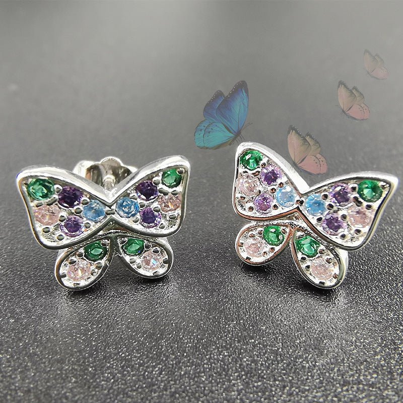 Fashion Colored Zircon White Copper Gold Plated Stud Earrings Butterfly-Jewearrings