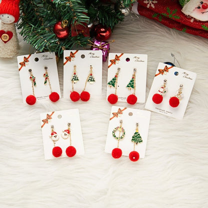 Fashion Diamond Christmas Tree Garland Old Man Snowman Hair Ball Pendant Stud Earrings-Jewearrings