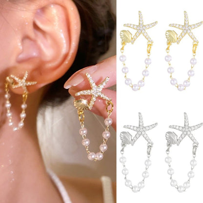 Fashion Diamond Starfish Shell Pearl Earrings-Jewearrings