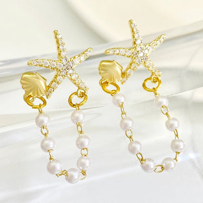 Fashion Diamond Starfish Shell Pearl Earrings-Jewearrings