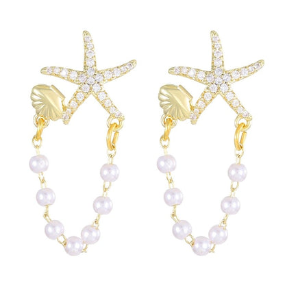 Fashion Diamond Starfish Shell Pearl Earrings-Jewearrings