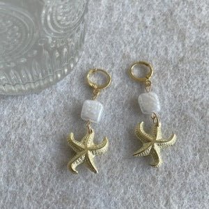 Fashion Diamond Starfish Shell Pearl Earrings-Jewearrings