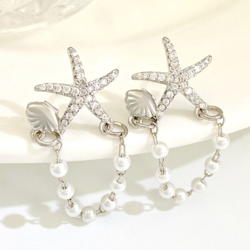 Fashion Diamond Starfish Shell Pearl Earrings-Jewearrings