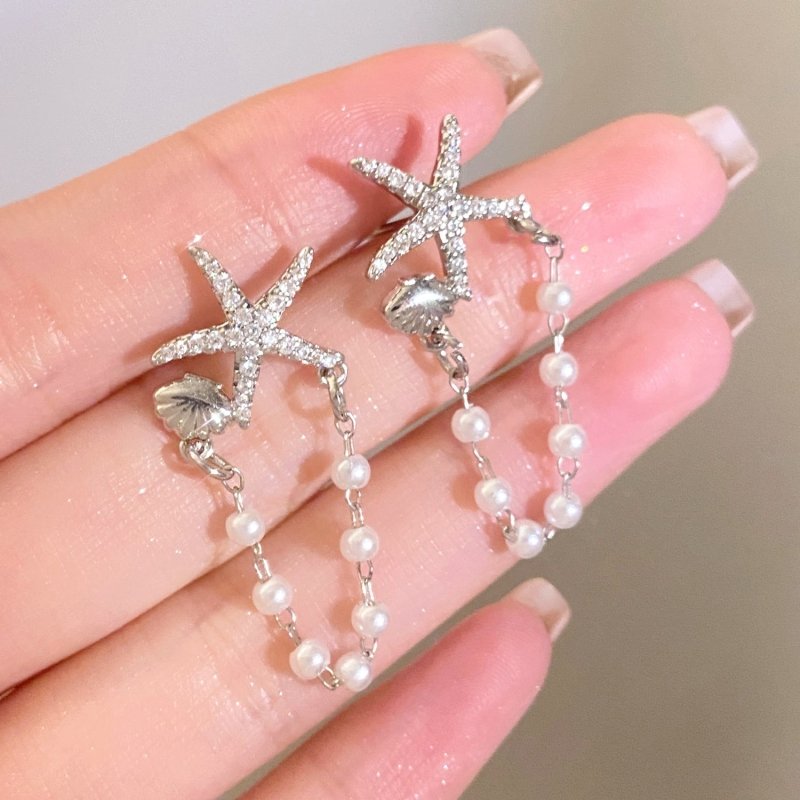 Fashion Diamond Starfish Shell Pearl Earrings-Jewearrings