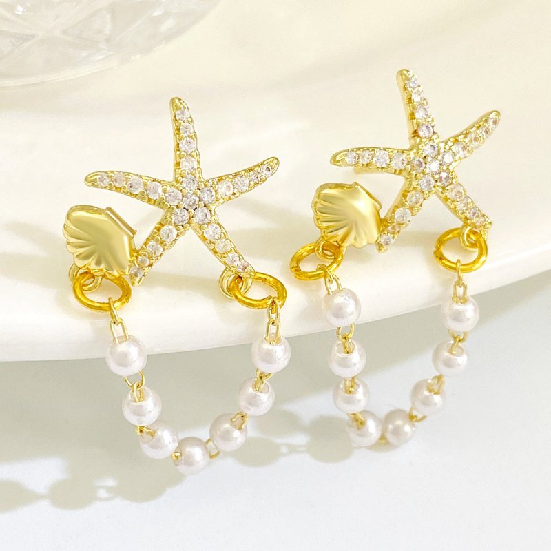 Fashion Diamond Starfish Shell Pearl Earrings-Jewearrings