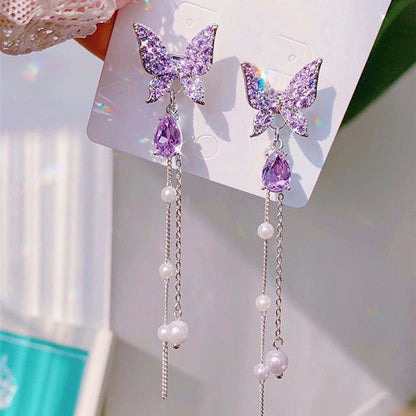 Fashion Ear Jewelry Silver Needle Butterfly Full Diamond Pearl Female New Stud Earrings Earrings-Jewearrings