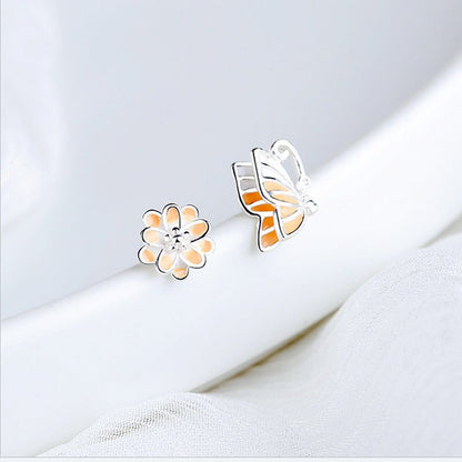 Fashion Elegant Asymmetry Butterfly Flower Stud Earrings-Jewearrings