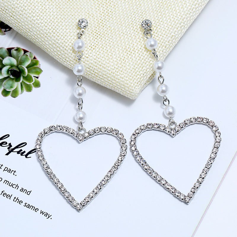 Fashion Exaggerated Rhinestone Big Love Long Earrings-Jewearrings