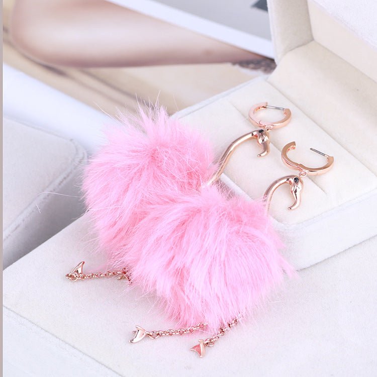 Fashion Fur Ball Realistic Flamingo Elegant Earrings-Jewearrings