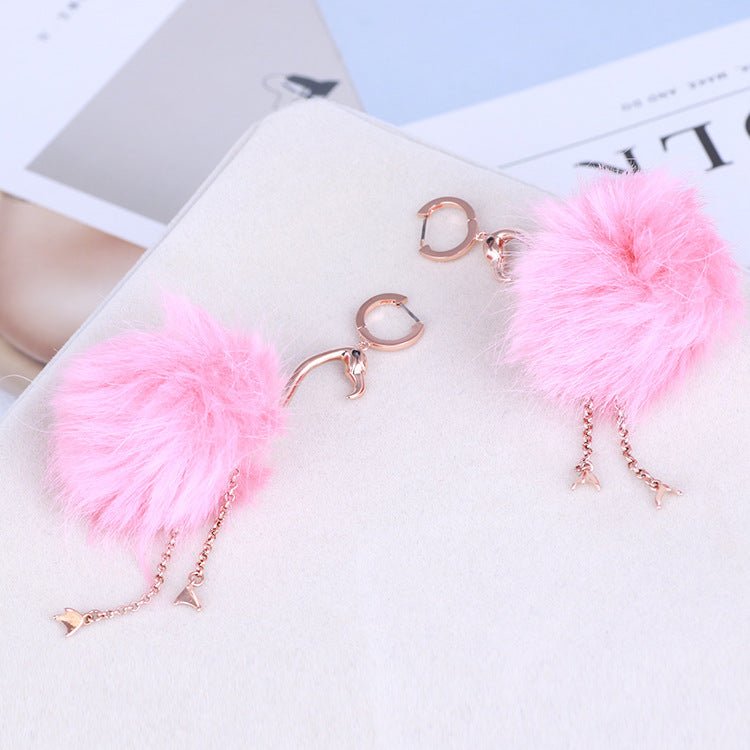 Fashion Fur Ball Realistic Flamingo Elegant Earrings-Jewearrings