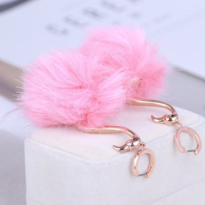 Fashion Fur Ball Realistic Flamingo Elegant Earrings-Jewearrings